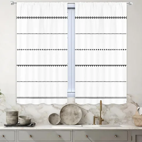 Vista 5 de MESHELLY Boho Kitchen Curtains 27.5Wx39H Inch Rod Pocket Black and White Modern Abstract Minimalist Geometric Tassels Chic Bedroom Window Drapes