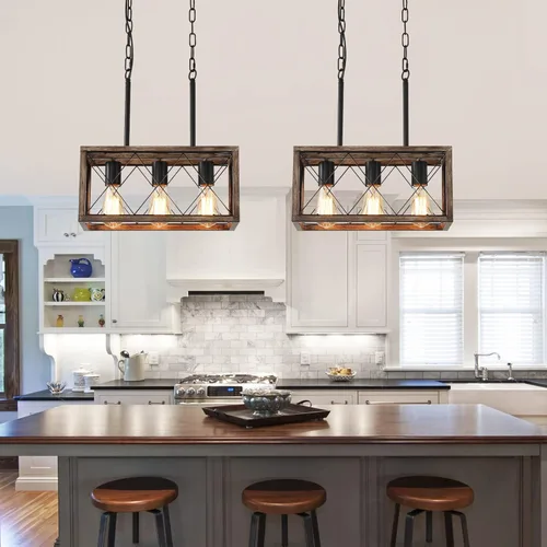 Vista 7 de KEESFU Iluminación de isla de cocina de granja, accesorios de iluminación colgante de 3 luces, altura ajustable, luz industrial para comedor de sala