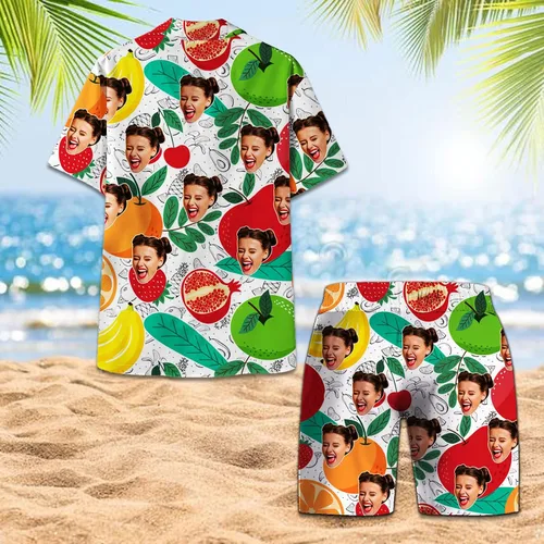 Vista 5 de Personalized Custom Face Tropical Unisex Hawaiian Shirt and Shorts Set with Bucket Hat S-5XL