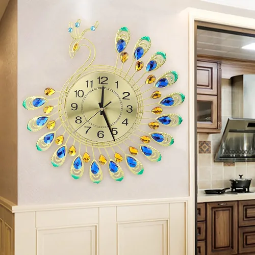 Vista 2 de Reloj de pared, reloj de pared moderno de hierro, grande, 3D, forma de pavo real, sin tictac, reloj silencioso para decoración de sala de estar