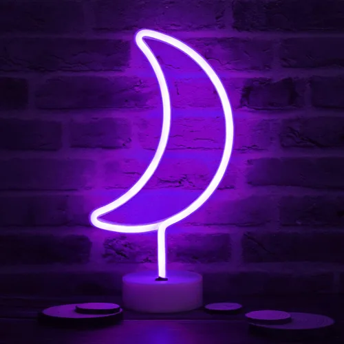 Vista 3 de Letreros LED de neón de luna, luces nocturnas moradas de media luna con USB, funciona con pilas, lámpara de luna para fiesta de cumpleaños, boda