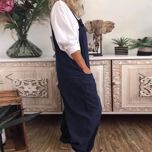Vista 4 de Overol casual de verano para mujer, con línea de algodón, estampado bohemio, correa ajustable, holgado, con vuelo, para vacaciones, playa