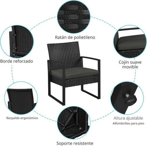 Vista 5 de YAHEETECH - muebles de patio conjuntos para interior o al aire libre. de mimbre moderno, juego de mesa auxiliar bistró, 3 piezas Negro /Gris