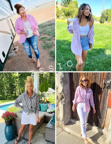 Vista 6 de ZESICA Women's Casual Plaid Patchwork Long Sleeve Button Down Oversized Shirt Blouse Top