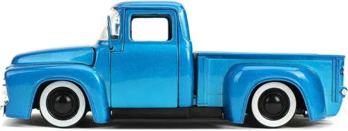 Vista 4 de Jada Just Trucks 1:24 1956 Ford F-100 - Coche fundido a presión con rayas azules y blancas con estante para neumáticos, juguetes para niños y adultos