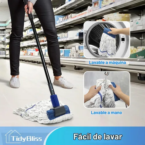 Vista 5 de TidyBliss Trapeador Comercial de Servicio Pesado, Mango Largo de 57.5 Pulgadas, Trapeador Industrial de Cuerda con Extremo de Bucle Grande