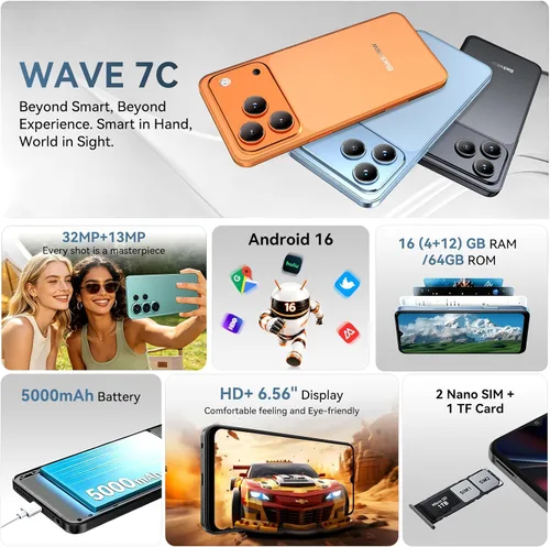 Vista 2 de Blackview Wave 7C Smartphones, solo para T-Mobile, color negro