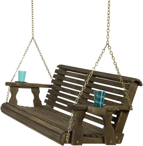 Vista 15 de Columpio Amish resistente para terraza (800 lb) con cadenas para colgar y posavasos Tinte negro semisólido