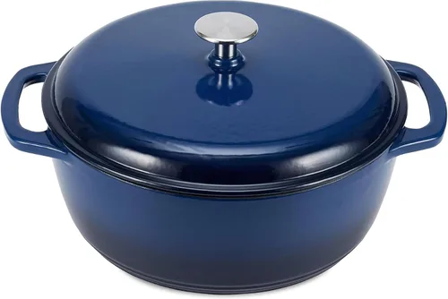 Vista 14 de Amazon Basics Olla de horno holandés de hierro fundido con tapa, esmaltada, redonda, doble asa, resistente, pequeña, 4.3 cuartos de galón, azul