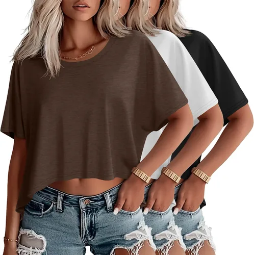 Vista 25 de Huukeay Paquete de 3 camisetas recortadas de gran tamaño para mujer, manga corta, holgadas, cuello redondo, holgadas, para entrenamiento