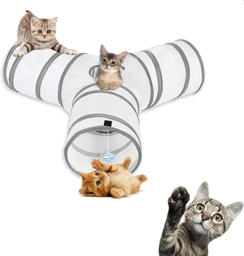 Vista 6 de Tubo y cubo para gatos, túnel emergente para gatos para interiores y exteriores, juguetes plegables de 3 vías/1 vía, color azul
