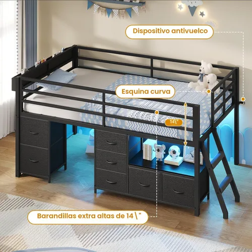 Vista 3 de ADORNEVE Cama baja tipo loft tamaño individual con 7 cajones de almacenamiento, estantería y luces LED, cama alta de metal para niños con barandilla