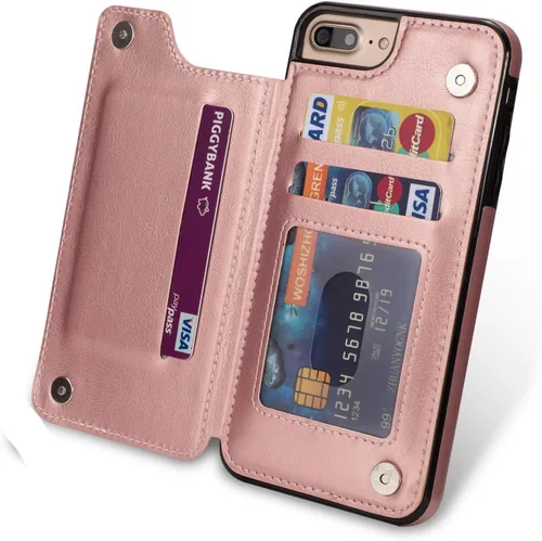 Vista 2 de Funda de piel tipo cartera para iPhone con (dos cierres magnéticos), (ranuras para tarjetas) función atril Rose gold