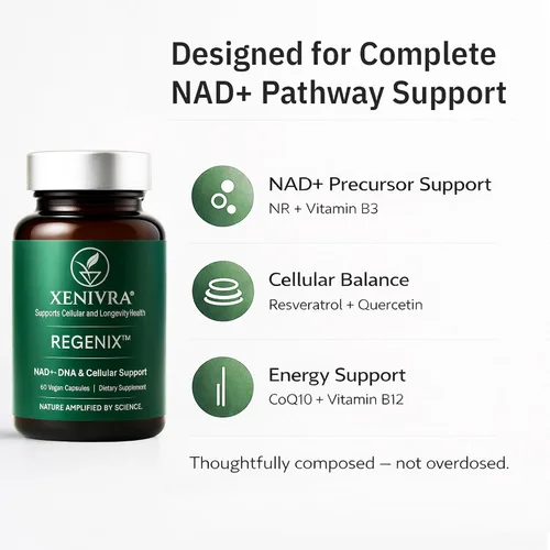 Vista 4 de Xenivra Regenix™ NAD+ Suplemento NAD Booster con ribósido de nicotinamida (NR) Energía celular y envejecimiento saludable Resveratrol y CoQ10