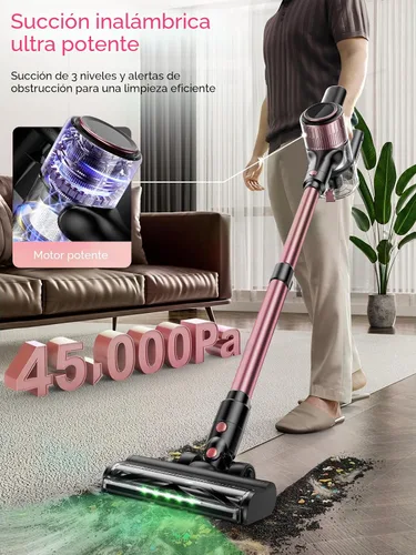 Vista 2 de Aspiradora inalámbrica, aspiradora de palo 10 en 1 con potente succión, manguera, luz LED verde, cepillo antienredos, aspiradora recargable ligera