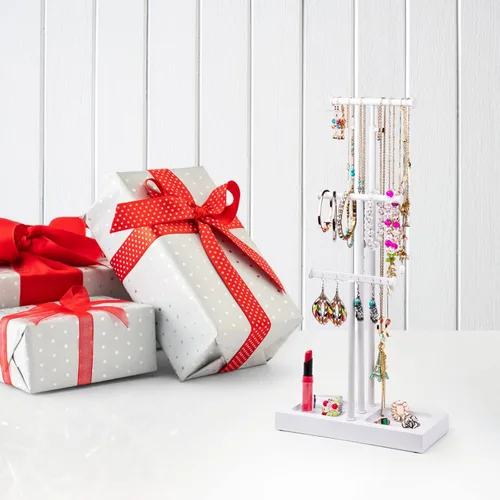 Vista 6 de Love-KANKEI Soporte para árbol de joyería, base de metal blanco y madera, organizador de joyas grande para collares, pulseras, aretes, organizador