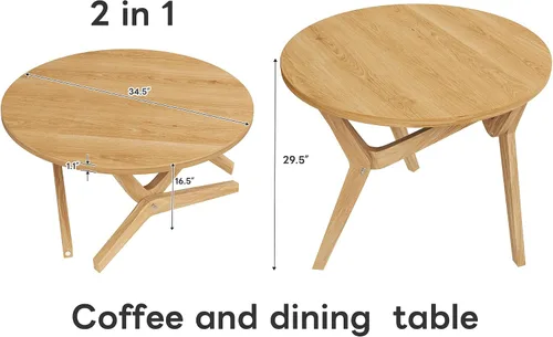 Vista 2 de Flieks Mesa auxiliar redonda 2 en 1 transformadora con altura ajustable, 16.5 pulgadas para mesa de café, 29.5 pulgadas para mesa de cóctel, madera
