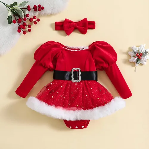 Vista 2 de Kayotuas Mameluco de Navidad para bebé niña, disfraz de monstruo rojo de Papá Noel, disfraz de monstruo verde, overol de terciopelo de manga larga