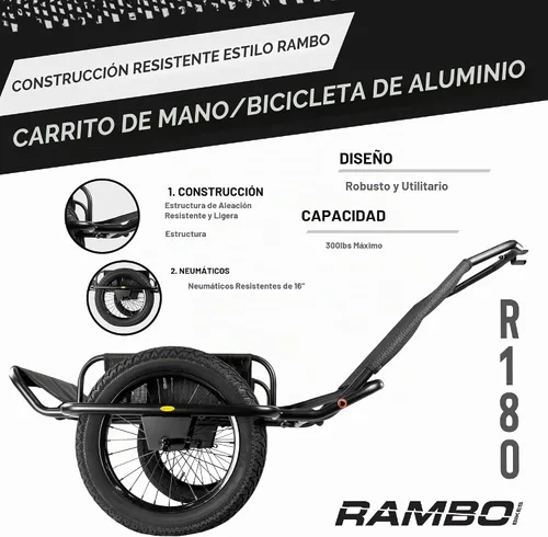 Vista 3 de Rambo Bikes - Carrito de remolque de bicicleta de aluminio, carrito de juego resistente y remolque utilitario, capacidad máxima de 300 libras, marco