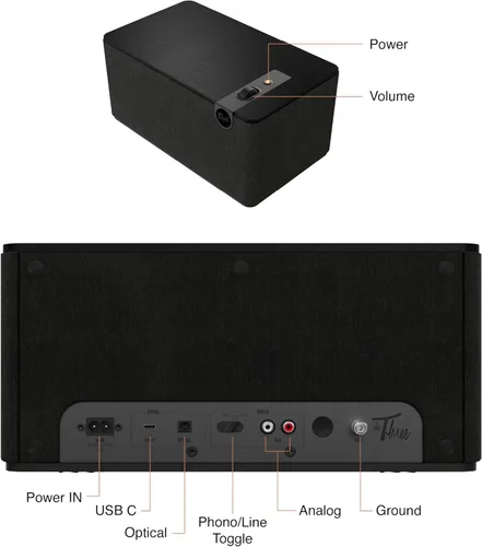 Vista 4 de Klipsch Sistema de altavoces Bluetooth Premium The Three Plus, listo para tocadiscos con entradas Phono/RCA, Bluetooth 5.3 con hasta 40 pies