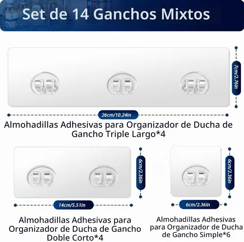 Vista 4 de Ganchos de repuesto adhesivos para regadera, tiras adhesivas resistentes Transparente-14Pack