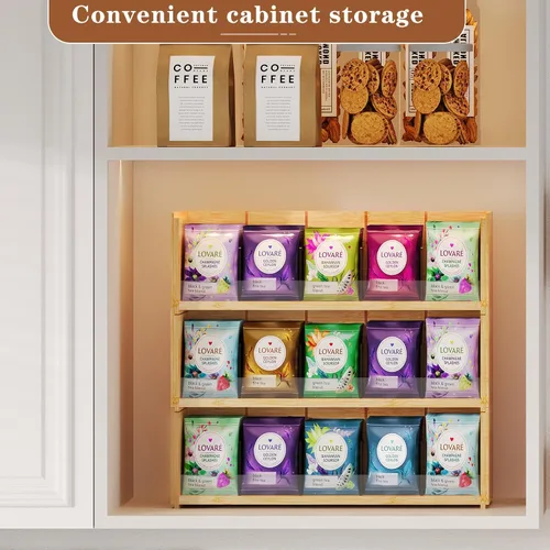 Vista 7 de X-cosrack Caja de almacenamiento organizadora de bolsas de té de bambú, caja de té apilable de 3 niveles, madera natural, cofres de té de montaje