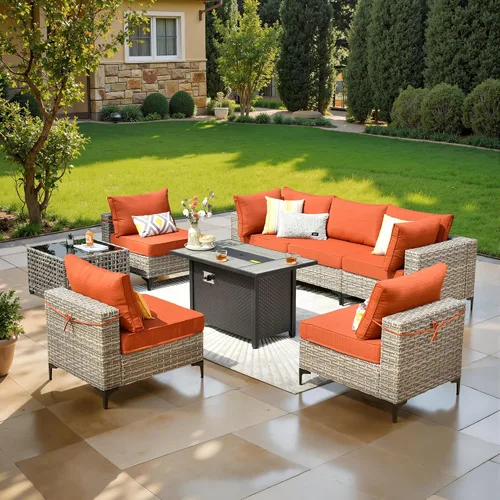 Vista 25 de ovios Muebles de patio de 8 piezas con hoguera, juego de conversación de mimbre de ratán para exteriores con mesa de centro brillante, cómodo sofá