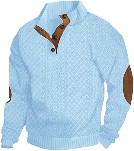 Vista 14 de Suéter de manga larga para hombre, casual, con botones de un cuarto, con cuello alto, sudadera con capucha