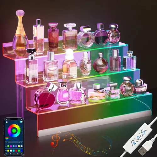 Vista 12 de Organizador de Exhibición de Acrílico de 12" con Luz LED - Soporte de Perfume de 3 Niveles y Estantes Escalonados de Exhibición, Organizador