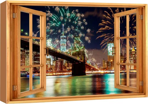 Vista 30 de wall26 - Cuadro en lienzo para pared, vista de ventana, celebración del 4 de julio, fuegos artificiales en el puerto de NYC, celebraciones