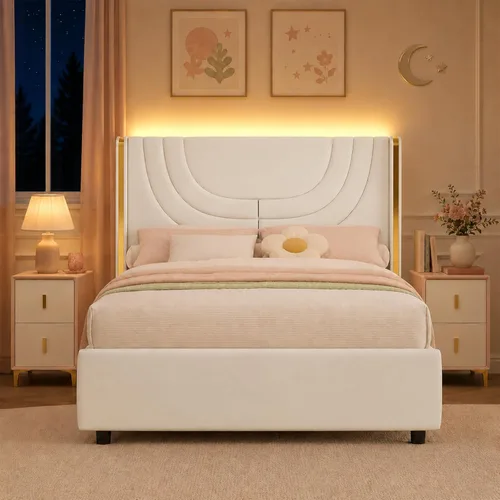 Vista 9 de REVOMINCA Base de cama individual con luces LED, plataforma tapizada de piel sintética con cabecera de ala plateada, estilo moderno, no necesita