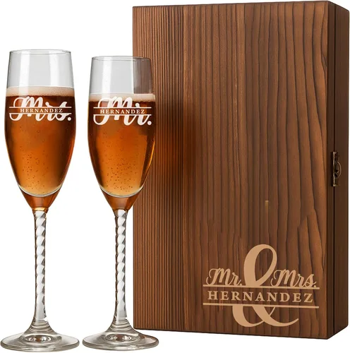 Vista 10 de Mr and Mrs - Juego de copas de champán con caja de madera grabada, elegantes copas de brindis de boda, regalo para novia y novio, compromiso