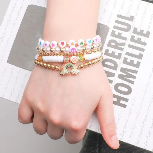 Vista 5 de Pink Bracelets Purple Bracelet Boho Multi-Layer Beaded Stacking, Versatile Strand Stretch Crystal Beads Wrap Slip-on Cuff Bangle Set, Cute