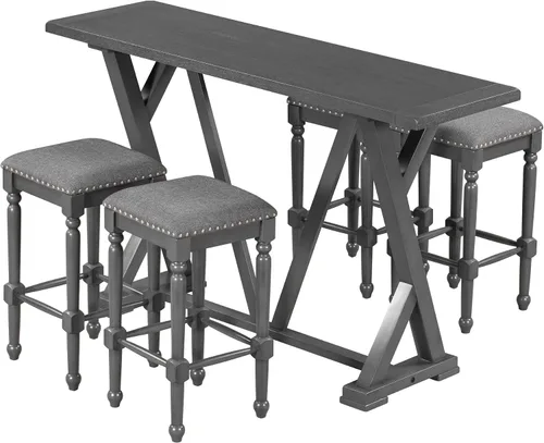 Vista 3 de Mid-Century - Juego de comedor de 5 piezas, altura de mostrador, mesa consola de madera con patas de caballete y 4 taburetes para lugares pequeños