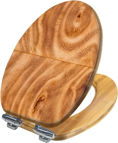 Vista 8 de Asiento de inodoro alargado de madera de madera de madera de grano de madera de grano de secoya, tapa de cierre silencioso lento con bisagras