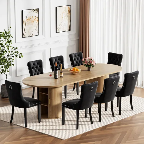 Vista 16 de Mesa de comedor redonda extensible de 94 pulgadas con base de almacenamiento, mesa de comedor expandible natural para 10, mesa de comedor de madera