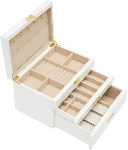 Vista 5 de LOYALHEARTDY Joyero de madera grande de 3 capas, organizador grande de joyería para mujeres, 2 cajones de almacenamiento para anillos, collares