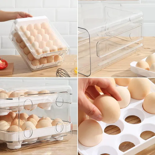 Vista 6 de HOMQUEN Soporte para huevos, plástico transparente, bandeja para huevos de 2 capas/40 rejillas y caja de almacenamiento fresca para refrigerador