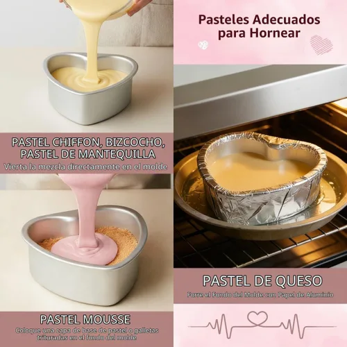 Vista 4 de Juego de 2 moldes de aluminio con forma de corazón de 4 y 6 pulgadas con parte inferior extraíble para hornear postres románticos
