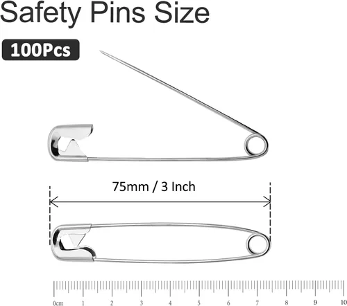 Vista 5 de 100 pasadores de seguridad de 2.953 in / 3 pulgadas, alfileres de seguridad grandes a granel, alfileres de costura de metal plateado, pasadores