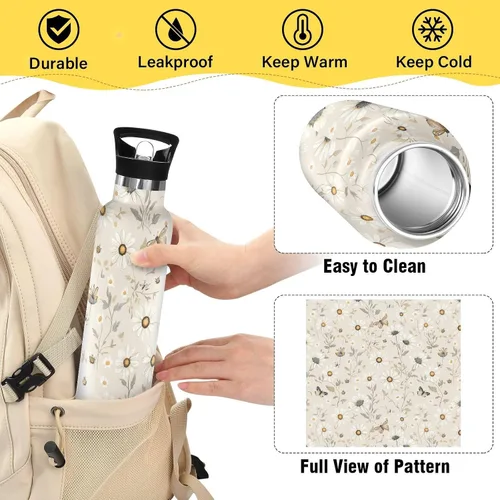 Vista 4 de Sport Insulated Water Bottle with Leak Proof Spout Lid Vacuum Insulated BPA-Free Leak Proof for Travel, Camping, Sports, Rustic Daisy Beige