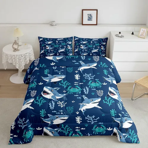 Vista 23 de Erosebridal Blue Ocean - Juego de edredón tamaño individual Juego de ropa de cama de ballena delfín y tortuga marina para niños y niñas, juego