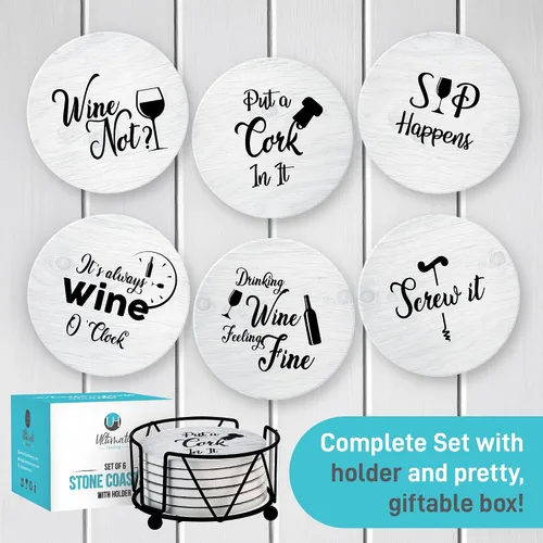 Vista 8 de Posavasos para bebidas absorbentes con soporte, juego de regalo de 6 piezas con 6 frases divertidas para amantes del vino, piedra de cerámica