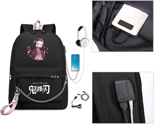 Vista 2 de Mochila Demon Slayer Nezuko Kimetsu con puerto de carga USB, mochilas de viaje informales personalizadas para niños y niñas, Negro, 17.7x15.6x5.9