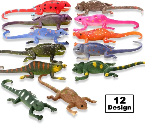 Vista 6 de Paquete de 12 figuras de animales de lagarto, juego de juguetes de reptiles de 6 pulgadas que cambian de color y elástico, para fiestas temáticas