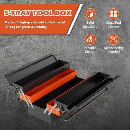 Vista 7 de Goplus Caja de herramientas de metal de 22 pulgadas, 3 capas y 5 bandejas, organizador de herramientas plegable portátil con asa y agujero