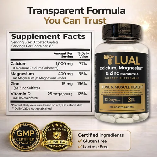 Vista 5 de Calcio, magnesio, zinc y vitamina D3. LUAL Calcio, magnesio y zinc con vitamina D - Suplemento de apoyo óseo y muscular para adultos, suplemento
