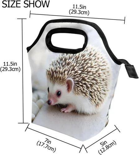 Vista 2 de senya Bolsa de almuerzo con estampado de erizo de neopreno, reutilizable, aislada, impermeable, para la escuela, picnic, transportar, gourmet