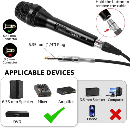 Vista 6 de Micrófono con cable para canto, micrófono vocal dinámico profesional de karaoke de mano, micrófono de estudio cardioide, 16.4 pies XLR y 6.35 MM