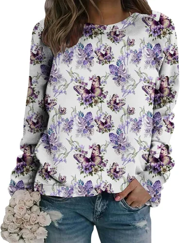 Vista 10 de Sudadera clásica de cuello redondo con patrón de flores boho para primavera y otoño, suave, cómoda, de inspiración retro, pieza de capas para mujer